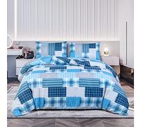 Best Linen Super King Duvet Cover Set with 2 Pillowcases 100% Microfiber Soft & Breathable Bedding Set Easy Care Machine Washable (Check Blue, Super King 3 Piece)