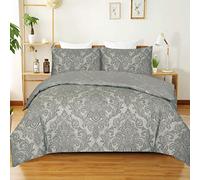 Best Linen Super King Duvet Cover Set with 2 Pillowcases 100% Microfiber Soft & Breathable Bedding Set Easy Care Machine Washable (Grey Damask, Super King 3 Piece)