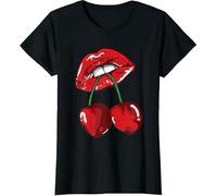 Best Look Ladies Lips Cherry T-Shirt Women's Oversized Summer Short Sleeve Tee Top (Black, 20-22)