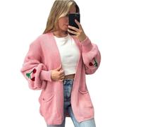 Best Look Women Chunky Knitted Oversize Cherry Print Ladies Balloon Sleeve Short Cardigan (Pink, 10-12)