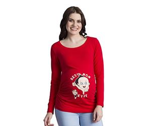 Best Mom Ever - Funny Cute Sweet Lovely Maternity Long Sleeved T-Shirt with Print Pattern Pregnancy Gift (Red, Large)