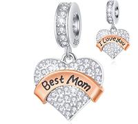 Best Mum Charms Dangle, I Love You Best Mom Charm Pave CZ Heart Mummy Pendant Beads in Sterling Silver, fits Pandora My First Mothers Day Bracelet, Gift for Stepmom/Army Navy Mum