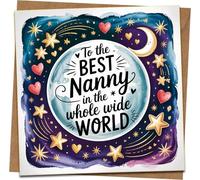 Best Nanny in the Whole Wide World Greeting Card - 145mm x 145mm Square - Starry Night Design - Blank Inside - Birthday, Thank You, Mother’s Day - Includes Kraft Envelope