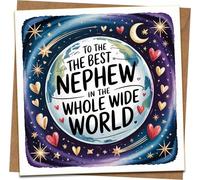 Best Nephew in the Whole Wide World Greeting Card, 145mm x 145mm, Space and Hearts Design, Birthday or Special Occasion Card with Kraft Envelope