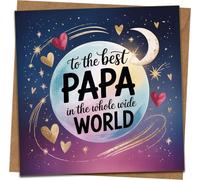 Best Papa in the Whole Wide World Greeting Card 145mm x 145mm with Kraft Envelope - Space Moon & Hearts Design - Birthday, Father’s Day, Dad or Grandpa