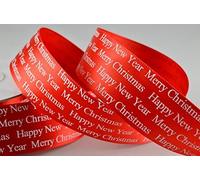 BEST Red 'Merry Christmas' Greeting polyester satin ribbon 25mm x 1 Metre cut from roll, beautiful ribbon, ideal for gift wrapping presents