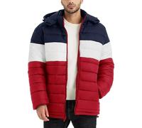 BEST SOUTH Men's Winter Puffer Jacket Hooded Puffy Fleece Warm Lightweight Coat Outerwear Cold Weather, Navy/White/Red, M