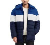 BEST SOUTH Men's Winter Puffer Jacket Hooded Puffy Fleece Warm Lightweight Coat Outerwear Cold Weather, Navy/White/Blue, 4XL