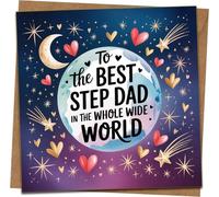 Best Step Dad Card - Square 145mm x 145mm - Cosmic Hearts & Stars Design - Stepdad Birthday, Father’s Day or Thank You - Includes Kraft Envelope