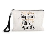 Best Teacher Gift, It Takes a Big Heart to Help Shape Little Minds, Make Up Bag with Strap, Linen Cosmetics, Beauty Bag.