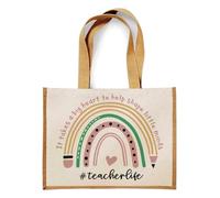 Best Teacher Gift, It Takes a Big Heart To Help Shape Little Minds, Rainbow Design, Teacherlife, Jute Bag, Shopping Bag (Natural)