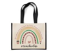 Best Teacher Gift, It Takes a Big Heart To Help Shape Little Minds, Rainbow Design, Teacherlife, Jute Bag, Shopping Bag (Black)