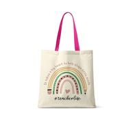 Best Teacher Gift, It Takes a Big Heart To Help Shape Little Minds, Rainbow Design, Teacherlife, Shopping Bag, Tote Bag. (Fuchsia Handle)