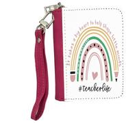 Best Teacher Gift, It Takes a Big Heart to Help Shape Little Minds, Rainbow Design, Teacherlife,Women's Small Leather Zip-Around Wallet, Girl Purse, Credit Card Slots, Coin Purse, Pink.