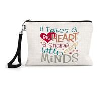 Best Teacher Gift, It Takes a Big Heart to Help Shape Rainbow Design, Little Minds, Teacher Life, Make Up Bag with Strap, Linen Cosmetics, Beauty Bag.