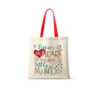 Best Teacher Gift, It Takes a Big Heart To Help Shape Rainbow Design, Little Minds, Teacher life, Shopping Bag, Tote Bag. (Red Handle)