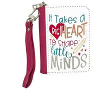 Best Teacher Gift, It Takes a Big Heart to Help Shape Rainbow Design, Little Minds, Teacher Life, Women's Small Leather Zip-Around Wallet, Girl Purse, Credit Card Slots, Coin Purse, Pink.
