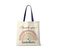 Best Teacher Gift, Thank You Teacher, Rainbow Design, Teacherlife, Shopping Bag, Tote Bag. (French Navy Handle)