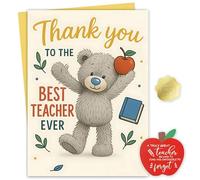 Best Teacher Thank You Card with Wooden Apple Coaster and Embossed Sticker - End of Year, Leaving or Retirement Gift for Teachers - Made in the UK