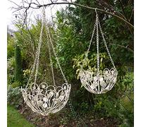 Best Value Here Set of 2 Wall Hanging Basket Flower Plant Pot Cream Ornate Shabby Chic Vintage Outdoor 2 Types (Cream Hanging Planter)