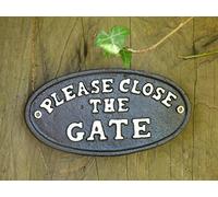 Best Value Here Vintage Cast Iron Garden Gate Signs Metal Hand Painted Novelty Wall Mount Plaque BLACK WHITE (Please Close The Gate (Black))