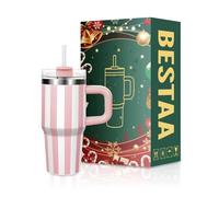 Bestaa 14 oz/410 ml Tumbler with Handle and Straw, Thermal Mug with Straw and Handle, Insulated Stainless Steel Drinking Cup, Iced Coffee Travel Mug, Gifts Outdoor Sports (Pink Stripes)