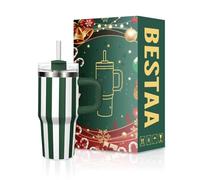 Bestaa 14 oz/410 ml Tumbler with Handle and Straw, Thermal Mug with Straw and Handle, Insulated Stainless Steel Drinking Cup, Iced Coffee Travel Mug, Gifts Outdoor Sports (Green Stripe)