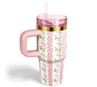 Bestaa 14 oz Tumbler with Handle and Straw, Thermal Mug with Straw with Lid and Straw, 304 Stainless Steel Tumbler, School Sports Outdoor (Pink Flowers)