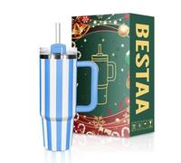 Bestaa 30 oz/880 ml Tumbler with Handle and Straw, Thermal Mug with Straw and Handle, Insulated Stainless Steel Drinking Cup, Iced Coffee Travel Mug, Gifts Outdoor Sports (Blue Stripes)