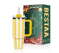 Bestaa 30 oz/880 ml Tumbler with Handle and Straw, Thermal Mug with Straw and Handle, Insulated Stainless Steel Drinking Cup, Iced Coffee Travel Mug, Gifts Outdoor Sports (Yellow Stripes)