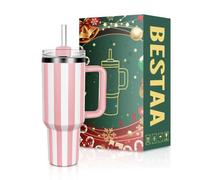 Bestaa 40 oz/1180 ml Tumbler with Handle and Straw, Thermal Mug with Straw and Handle, Insulated Stainless Steel Drinking Cup, Iced Coffee Travel Mug, Gifts Outdoor Sports (Pink Stripes)