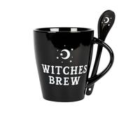 Bestable Witches Brew Mug with Spoon - Black Ceramic Coffee Cup with Moon & Stars Spoon - Gothic Witchy Tea Cup Halloween Idea for Coffee Lovers, Wiccan Pagan Kitchen Décor, Spooky Drinkware