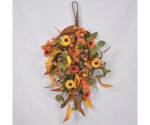 BestAlice 19.7inch Fall Harvest Teardrop Swag, Wall Hanging Autumn Wreath with Pumpkin Maple Leaf Berries for Front Door Thanksgiving Decor, A