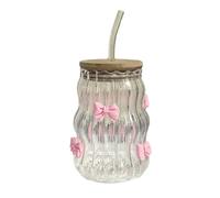 BestAlice Glass Cups with Lids and Straws, Vintage Ribbed Glassware with Bows or Rose, Bow Rose Glass Tumbler, Glasses Drinking Set for Iced Coffee Juice Beverage Milk (Bow tie)
