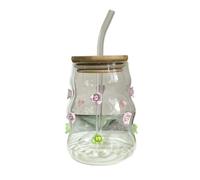 BestAlice Glass Tumbler Set with Lids and Straws - Vintage Ribbed with Bows or Rose Design for Iced Coffee, Juice, Beverage, Milk (Rose)