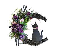 BestAlice Halloween Wreaths for Front Door, 12 Inch Halloween Moon Cat Garland With Rose, Black Decorations Halloween Garland, Gothic Rose Moon Cat Wreath