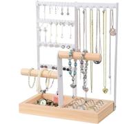 BestAlice Jewelry Organizer Stand Necklace Holder, 4 Tier Jewelry Tower Rack with 6 Hooks Necklace Organizer, Jewelry Stand with Earring Tray and Holes for Rings Watches (8.8x4.7x11inch, White)