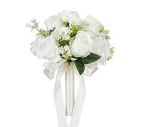 BestAlice Wedding Bouquets for Bride, White Rose Bridal Bridesmaid Bouquet Wedding, Artificial Flower Bouquet for Wedding, Flowers Bouquets with Silk Ribbon, Home Decoration