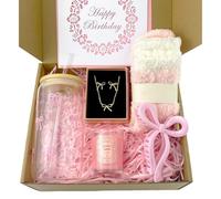 Bestanhoye Birthday Gifts for Women, Teenage Girls, Her, Happy Birthday Unique Gift Box Basket for Mom, Sister, Daughter, Friends, Wife, Cute Coquette Pink Bow Themed Glass Cups Gift Set 7 Pcs