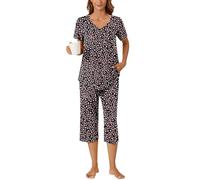 Bestbee Ladies Pyjamas Set, 2 Piece Nightwear Set V Neck Short Sleeve Capri Pant With Pockets Ladies Pjs Set, M, Little Fl Black
