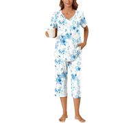 Bestbee Ladies Pyjamas Set Plus Size, 2 Piece Nightwear Set V Neck Short Sleeve Capri Pant With Pockets Ladies Pjs Set, 2XL, Floral Aqua Blue-Beige