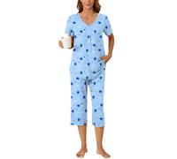 Bestbee Ladies Pyjamas Set Plus Size, 2 Piece Nightwear Set V Neck Short Sleeve Capri Pant With Pockets Ladies Pjs Set, XL, Moon Planet-Dark Blue