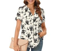 Bestbee Ladies Summer Tops, Dressy Chiffon Blouses Pleated Shirts Notch V Neck Short Sleeve Tunic Tops Casual T-Shirts, Black Floral Beige, L