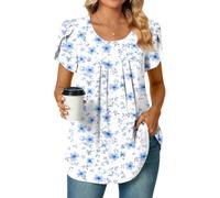 Bestbee Ladies Summer Tops, Dressy Chiffon Blouses Pleated Shirts Petal Short Sleeve Tunic Tops for Women Crewneck Casual T-Shirts, Blue Cherry fl, L