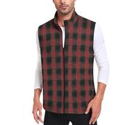 Bestbee Men's Casual Business Vests, Zip Up Plaid Waistcoat Slim Fit Suit Vest with Pockets Sleeveless Jacket for Winter, L, Black-red Plaid