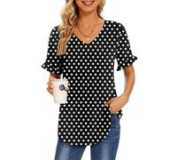 Bestbee Womens Dressy Chiffon Blouses Puff Short Sleeve V Neck Tunic Tops Cute Summer Shirts Casual T-Shirts Lightweight, Polka Dots Black, XL
