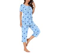 Bestbee Womens Pajama Set Plus Size, 2 Piece Sleep Set Henley Neck Short Sleeve Capri Pant With Pockets Ladies Pjs Set, 2XL, Moon Planet-Dark Blue