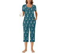 Bestbee Womens Pajama Set Plus Size, 2 Piece Sleep Set Henley Neck Short Sleeve Capri Pant With Pockets Ladies Pjs Set, 3XL, Butterfly Floral-Navy Blue