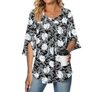 Bestbee Womens Tops 3/4 Petal Sleeve Tunic Casual Flowy Blouse Shirts Chiffon Dressy Spring Summer Work Tunic, White Lily-Black, M