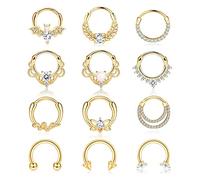 Besteel 12Pcs Septum Rings 16G Daith Earrings Nose Rings Hoop Stainless Steel CZ Opal Cartilage Helix Tragus Earrings Septum Clicker Piercing Jewelry Silver Black Rose Gold, Stainless Steel, cubic
